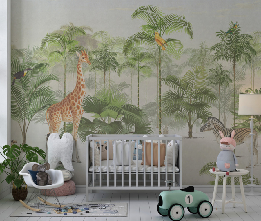 Fototapete mit exotischen Dschungeltieren in fröhlichen Farben Giraffe in Grün - Hauptproduktbild