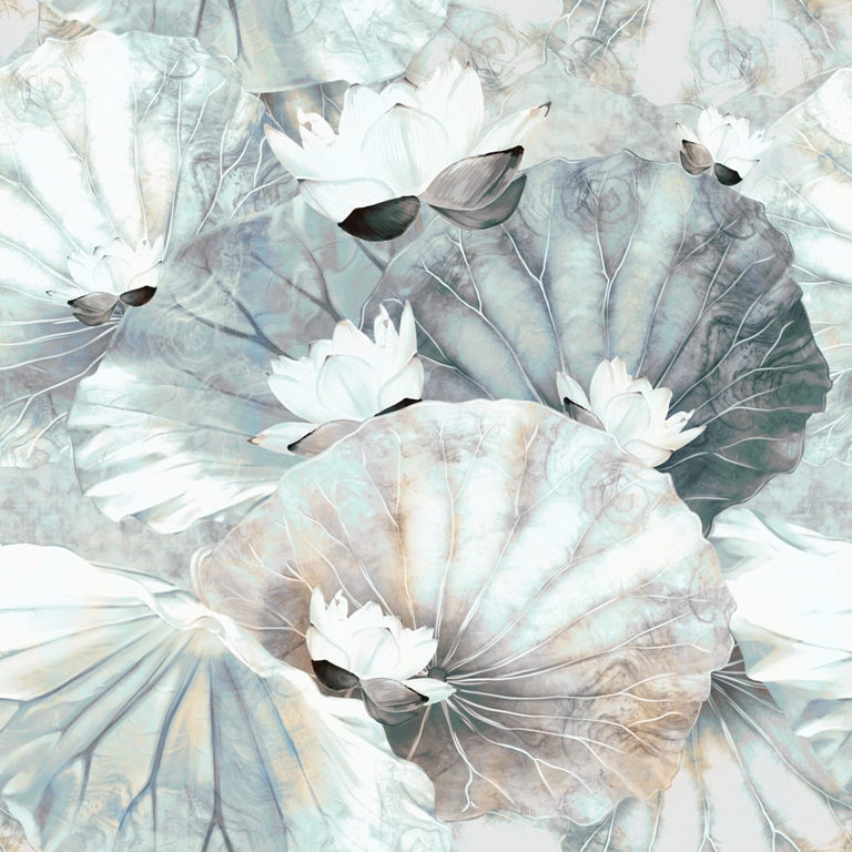 Abstrakte Fototapete mit blauen Blättern und weißen Blumen Weißes Nenufar - Bild Nummer 2