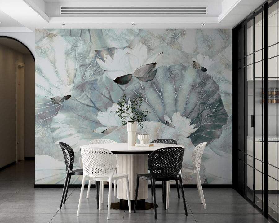 Abstrakte Fototapete mit blauen Blättern und weißen Blumen Weißes Nenufar - Hauptproduktbild