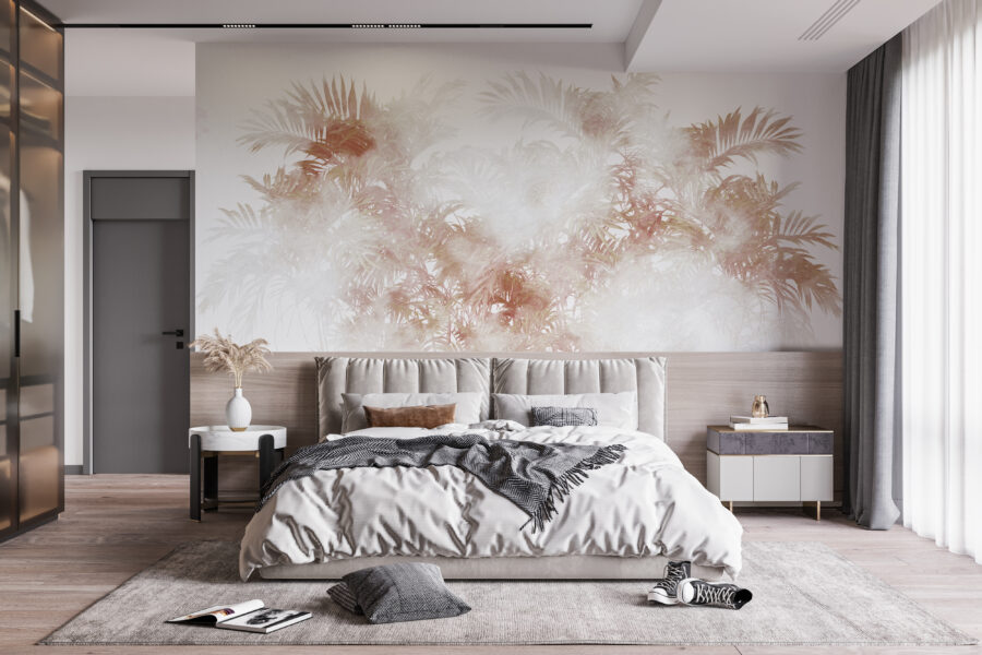 Fototapete in Brauntönen und sanftem Grau, ideal für das Schlafzimmer Brown Palm in Mist - Hauptproduktbild