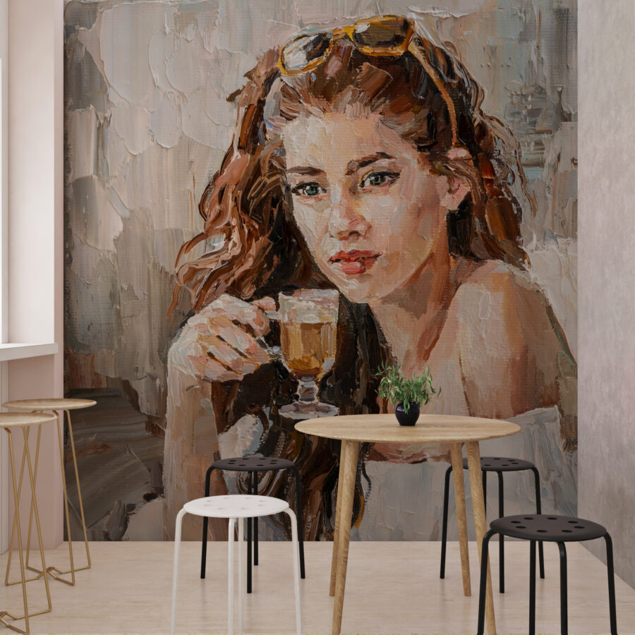 Aquarelliertes Porträt mit ungleichmäßiger Textur Mädchen trinkt Kaffee - Hauptproduktbild