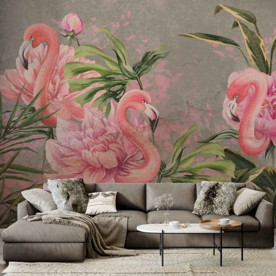 Tropische Flora und Fauna Flamingos wie Blumen Fototapete - Hauptproduktbild