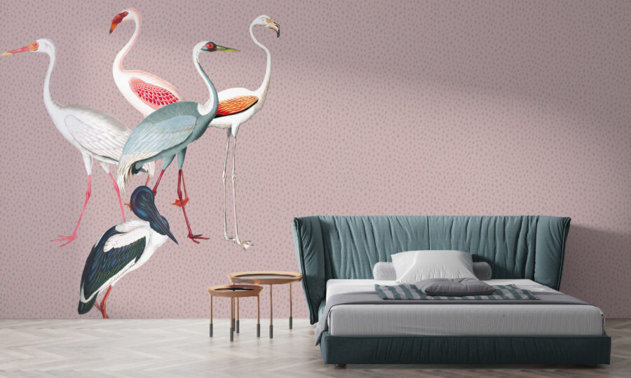 Fototapete mit exotischen bunten Vögeln auf einem uneinheitlichen Hintergrund Flamingos in Dots - Hauptproduktbild