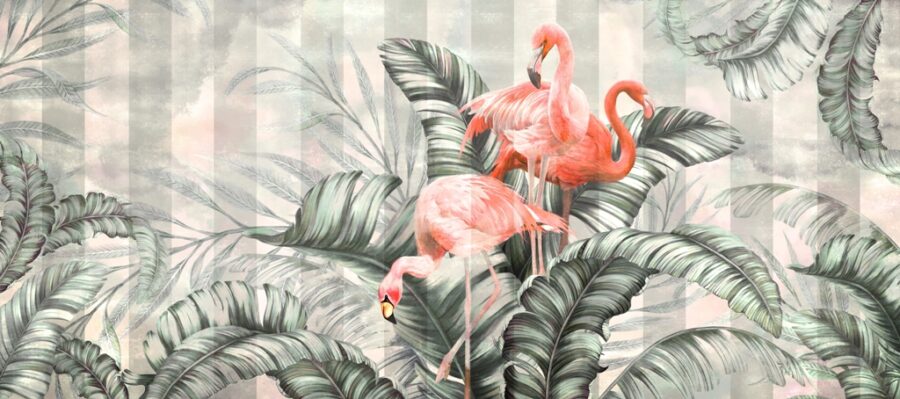 Fototapete mit tropischem Vogelmotiv und vertikal gestreiftem Hintergrund Flamingos in Leaves - Bild Nummer 2