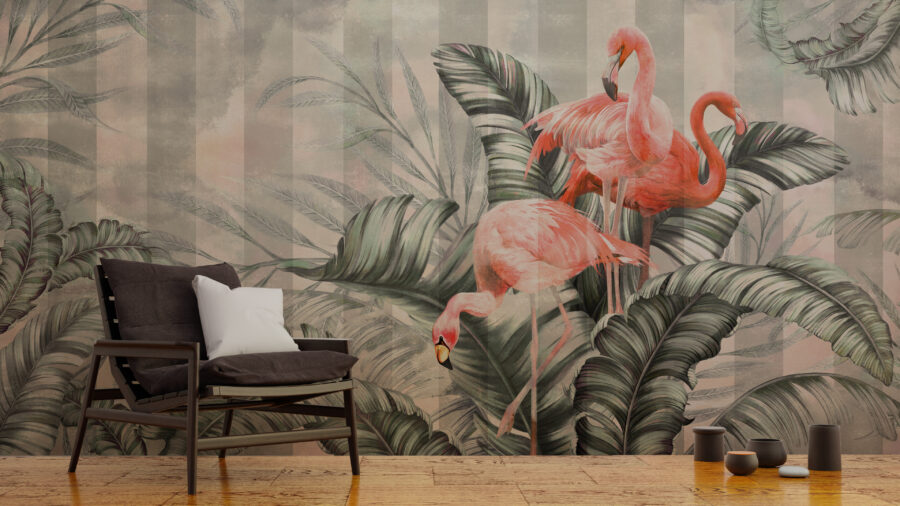 Fototapete mit tropischem Vogelmotiv und vertikal gestreiftem Hintergrund Flamingos in Leaves - Hauptproduktbild