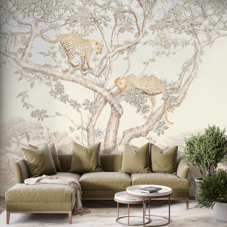 Fototapete in warmen Tönen und minimalistischem Stil Cheetahs On A Tree - Hauptproduktbild