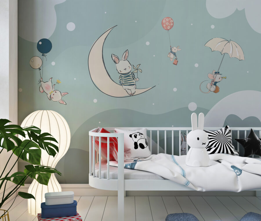 Fototapete in sanften Tönen ideal für Kinderzimmer Bunnies on the Moon - Hauptproduktbild