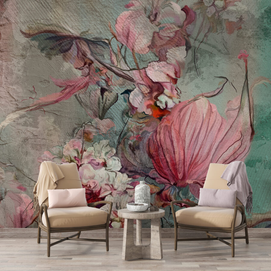 Fototapete in Rosa- und Rottönen auf gedämpftem Hintergrund mit klarer Strukturwand Flowers On The Wall - Hauptproduktbild