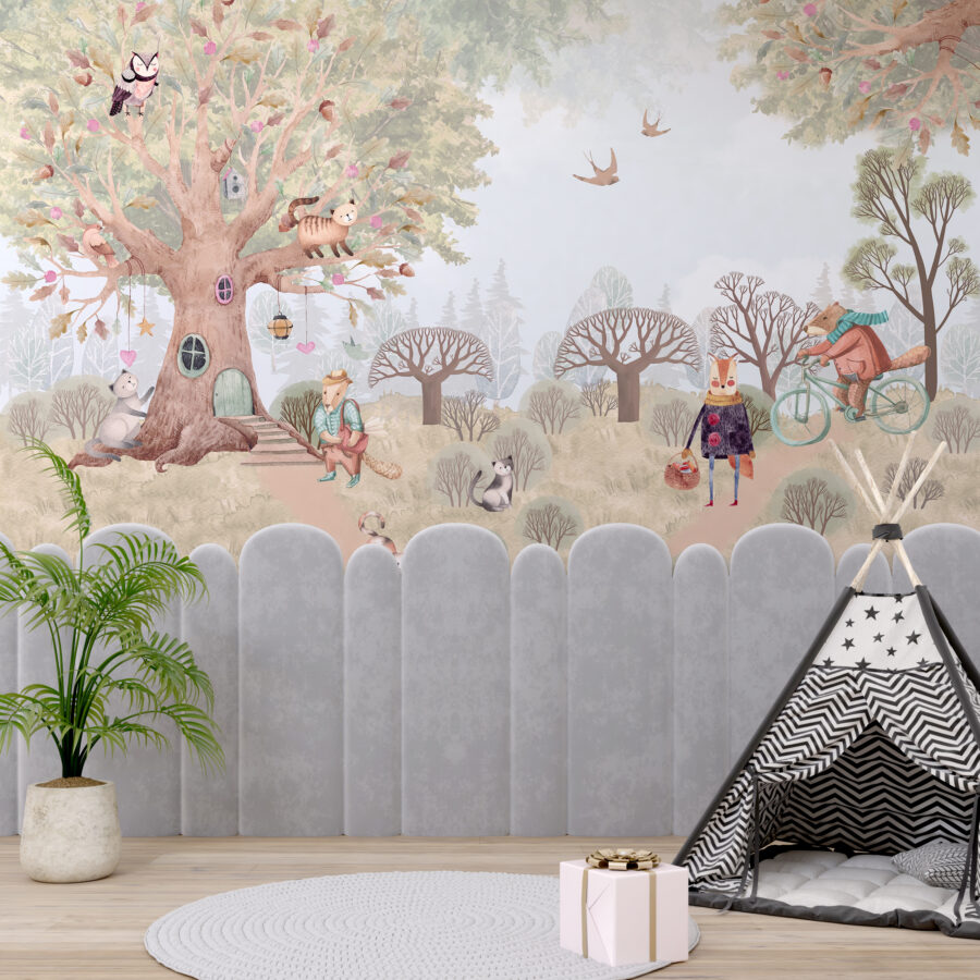 Fototapete in warmen Farben mit Märchenwald-Tiermotiv für Kinderzimmer Waldmärchenhaus - Hauptproduktbild