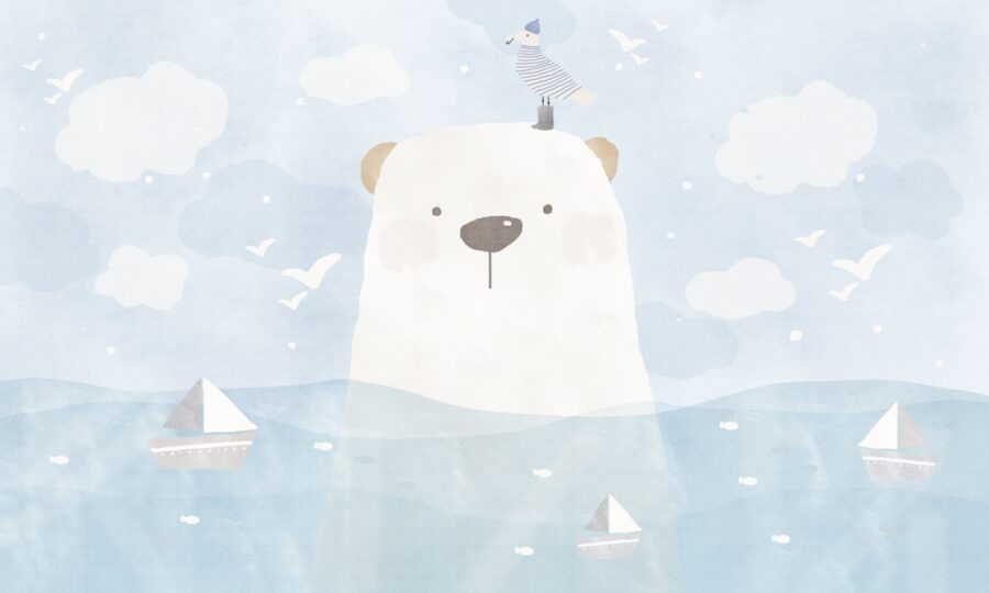 Fototapete in weiß und blau perfekt für Kinderzimmer Teddybär im Wasser - Bild Nummer 2