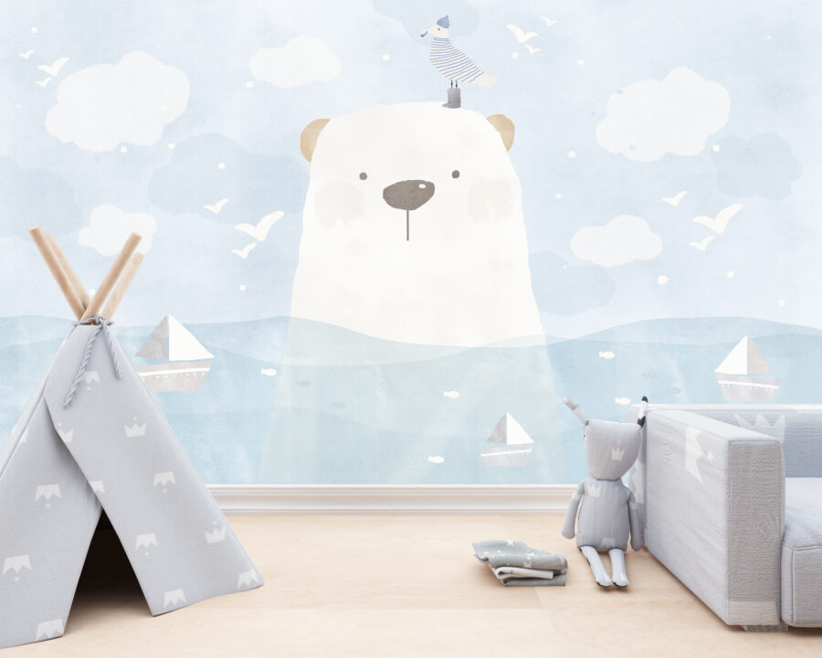 Fototapete in weiß und blau perfekt für Kinderzimmer - Teddybär im Wasser - Hauptproduktbild