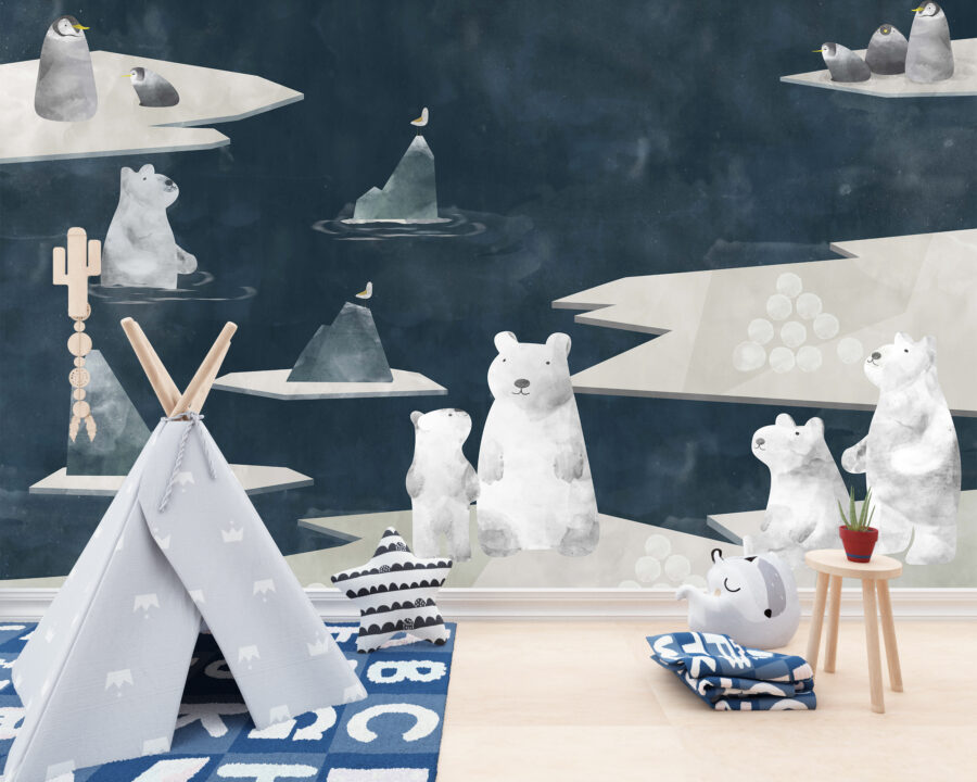 Fototapete in Weiß und Marineblau mit Winterillustration Eisbären - Hauptproduktbild