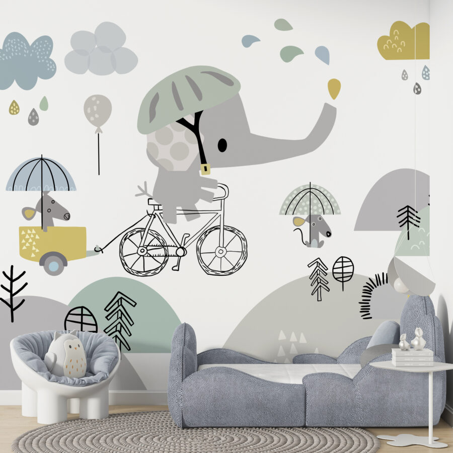 Fototapete in Weiß-, Blau- und Grautönen Blauer Elefant für Kinderzimmer - Hauptproduktbild