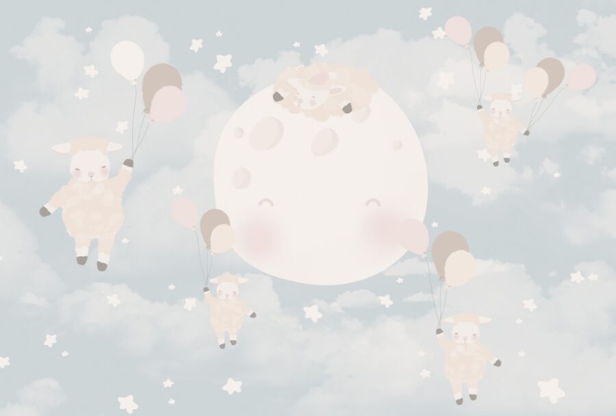 Wandmalerei in sanften Tönen mit fröhlichen Tieren Schafe in den Sternen - Bild Nummer 2