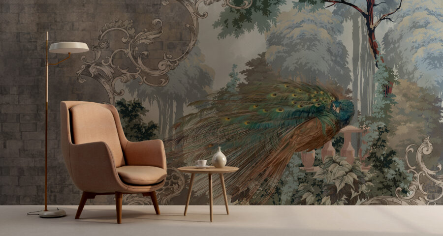 Fototapete mit barockem Dekorationsmotiv in einer Kombination aus Retro- und modernem Stil Pfau an der Wand - Hauptproduktbild