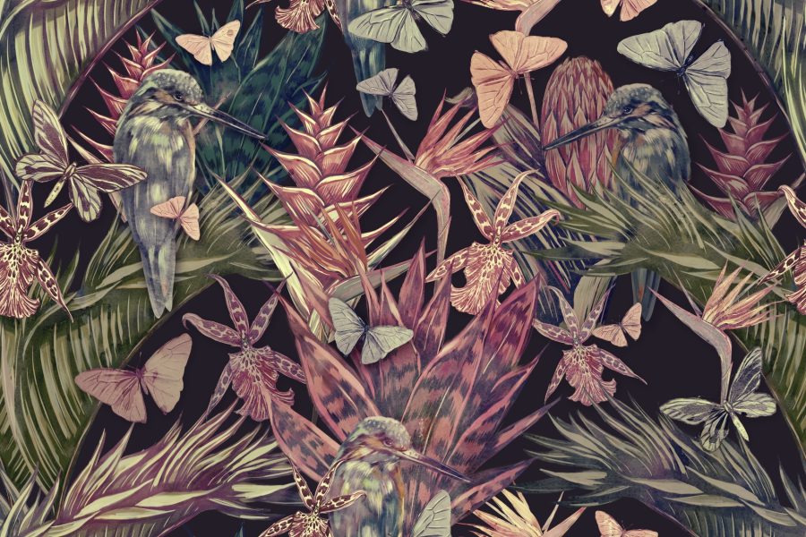 Tropische Fototapete mit farbenfrohen, lebendigen Vögeln, die in Blumen versteckt sind - Bild Nummer 2