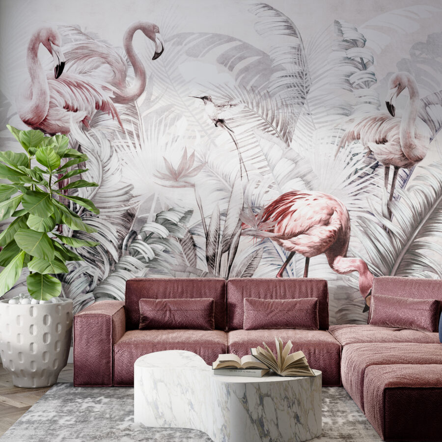 Fototapete mit exotischen Vögeln in gedeckten Tönen Familie Flamingo - Hauptproduktbild