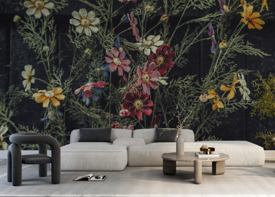 Fototapete mit bunten Blumen auf dunklem Hintergrund Garden Flower Wall - Hauptproduktbild