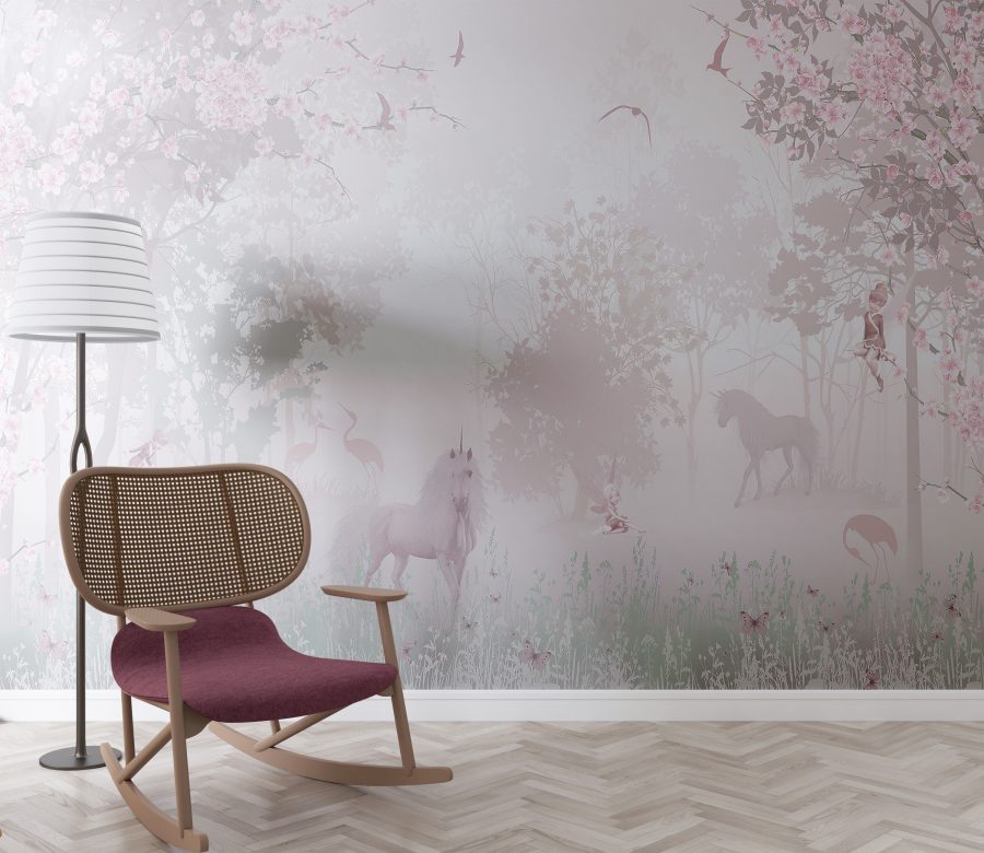 Einhorn Fototapete im Wald Stille in weichen Schattierungen von rosa Fairyland - Hauptprodukt Bild
