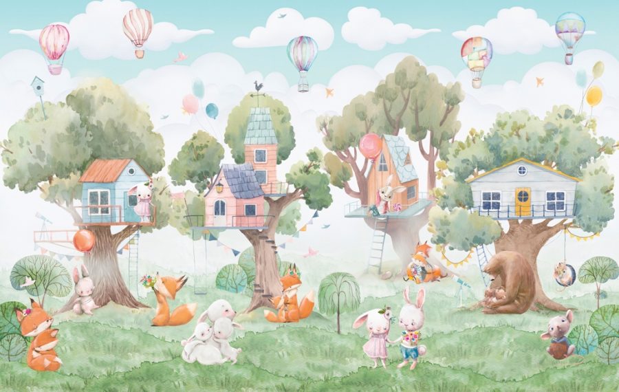 Märchenhafte Szene in fröhlichen Farben Baumhäuser für Kinderzimmer - Bild Nummer 2