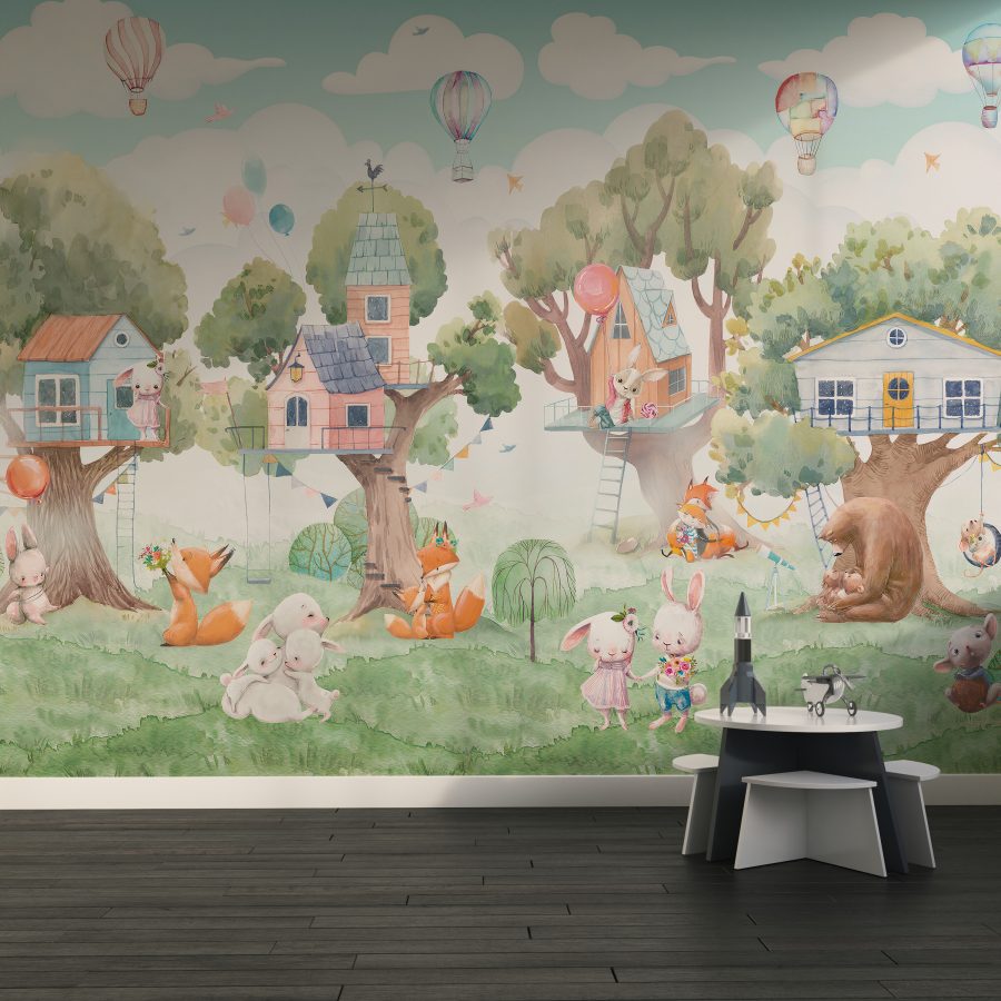 Märchenhafte Szene in fröhlichen Farben Baumhäuser für Kinderzimmer - Hauptproduktbild
