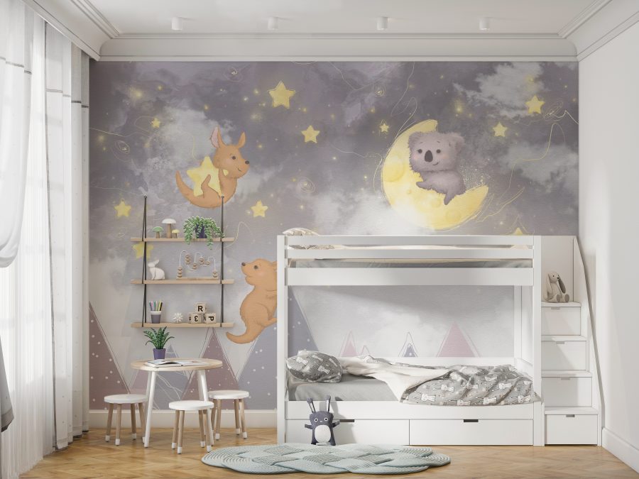 Fototapete mit einem Teddybär auf dem Mond Berge bei Nacht für Kinder - Hauptproduktbild