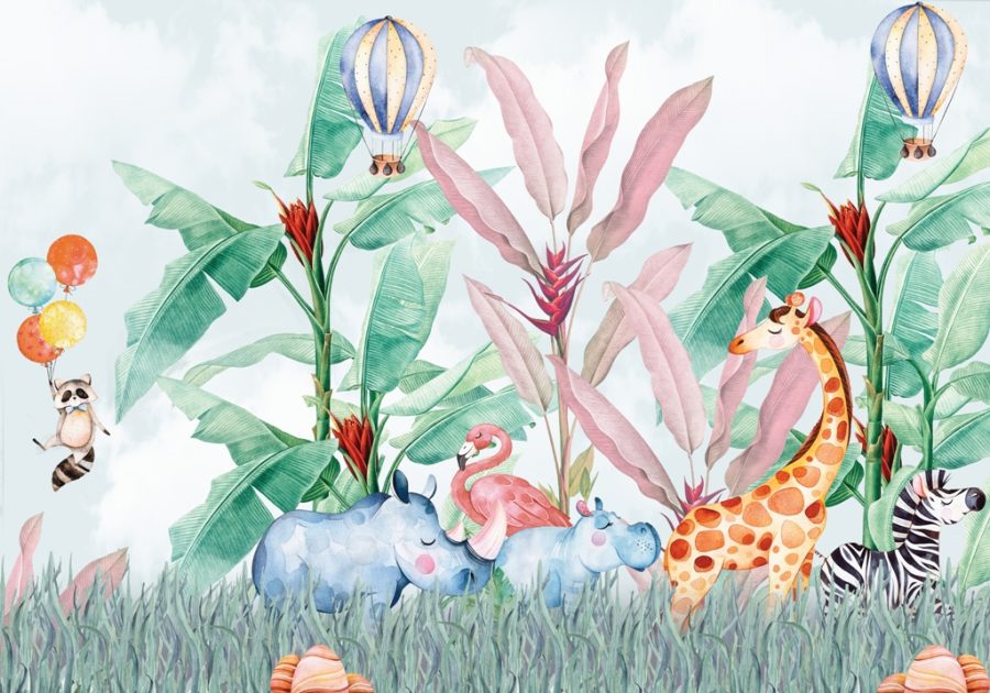 Fototapete in lebhaften und fröhlichen Farben mit Motiv von exotischen Pflanzen und Tieren Bunter Dschungel für Kinder - Produktbild Nummer 2