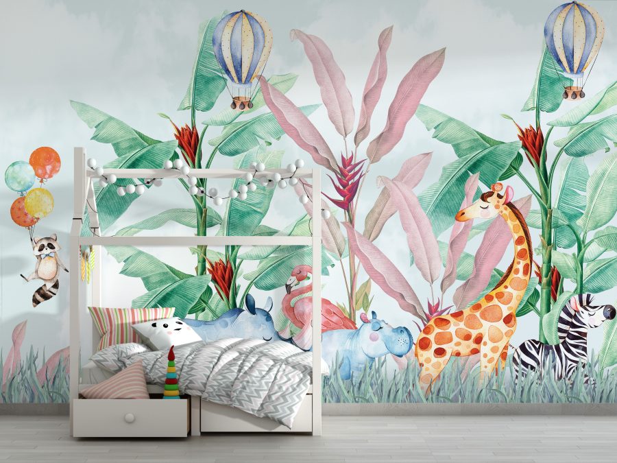 Fototapete in leuchtenden und fröhlichen Farben mit Motiv von exotischen Pflanzen und Tieren Bunter Dschungel für Kinder - Hauptproduktbild