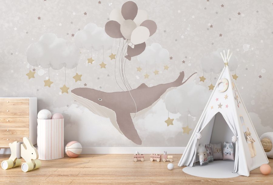 Fototapete Kinderzimmer in sanften Tönen Fliegender Wal - Hauptproduktbild