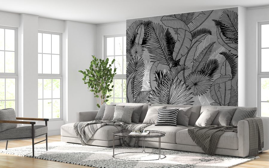 Fototapete mit exotischer Flora in schwarzen und grauen Farbtönen Blätter auf grauem Hintergrund - Hauptproduktbild