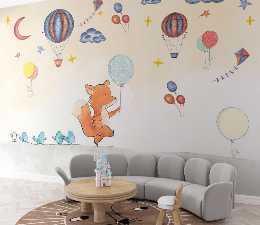 Fototapete in fröhlichen Farben mit Tieren und Luftballons für Kinderzimmer Fuchs mit Ballon - Hauptproduktbild