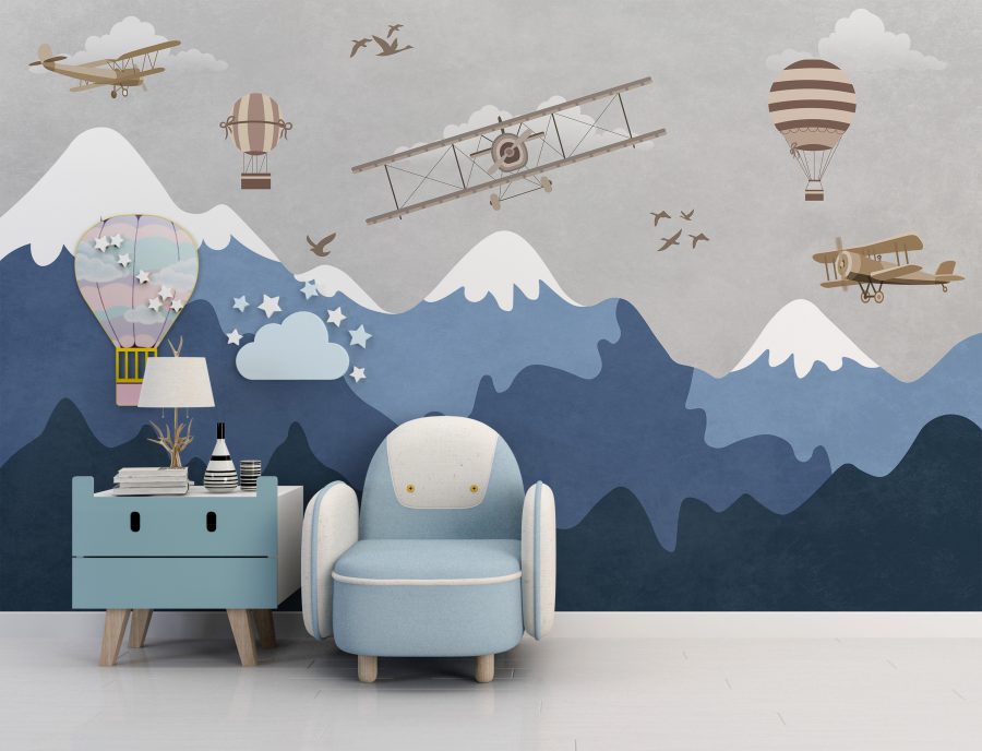 Fototapete mit Flugzeugen und Ballons, die über Berge im Schnee fliegen, für Kinder Flug über die Berge - Hauptproduktbild