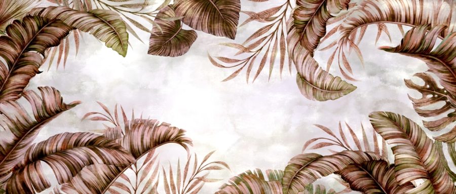 Wandgemälde aus exotischen Blättern, die einen Rahmen für den Wolkenhimmel in braunen Blättern bilden - Bild Nummer 2