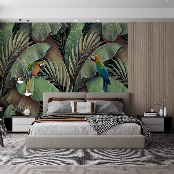 Wandmalerei Papageien im Laub