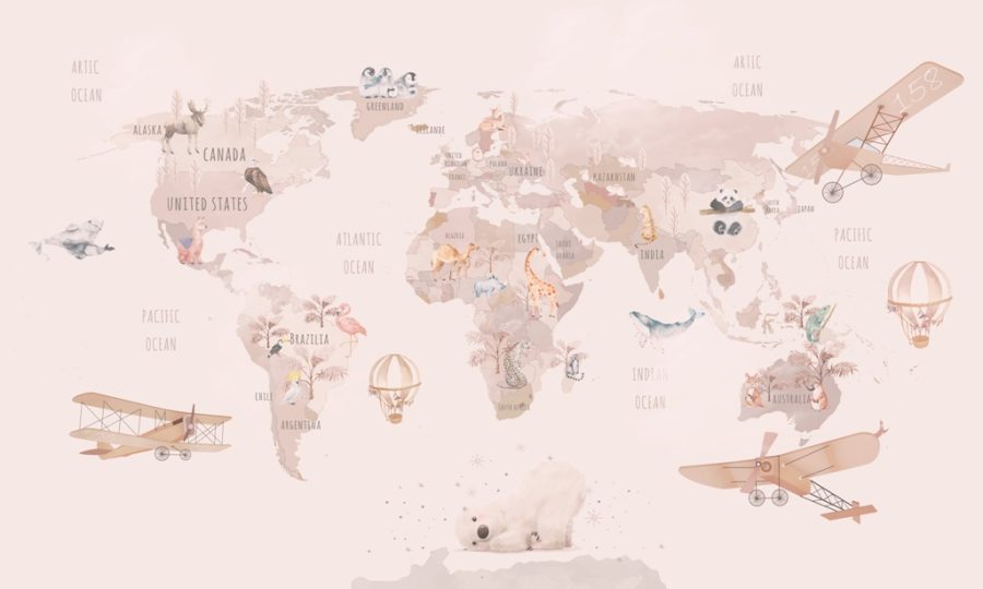 Fototapete mit Kontinenten und Tieren Rosa Weltkarte - Produktbild Nummer 2