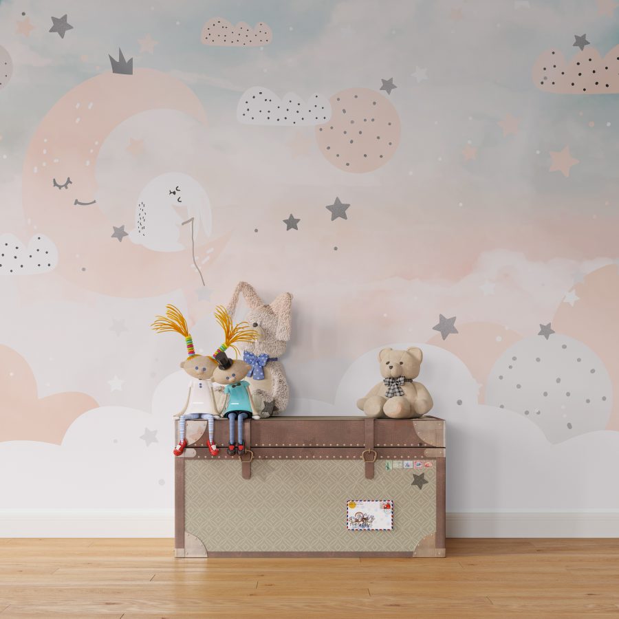 Fototapete in sanften Farben mit überwiegend rosa und blau Pink Moon für Kinderzimmer - Hauptproduktbild