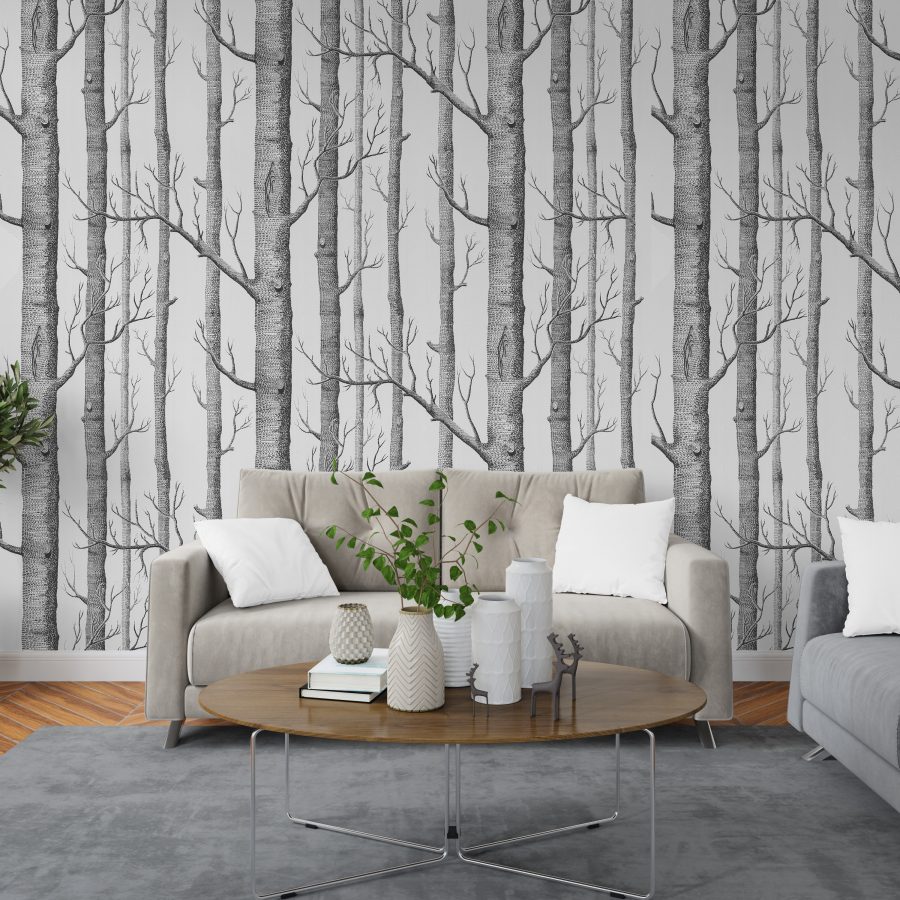 Originelle Fototapete, die einen blattlosen Wald in eleganten Grautönen darstellt Wall of Trees - Hauptproduktbild
