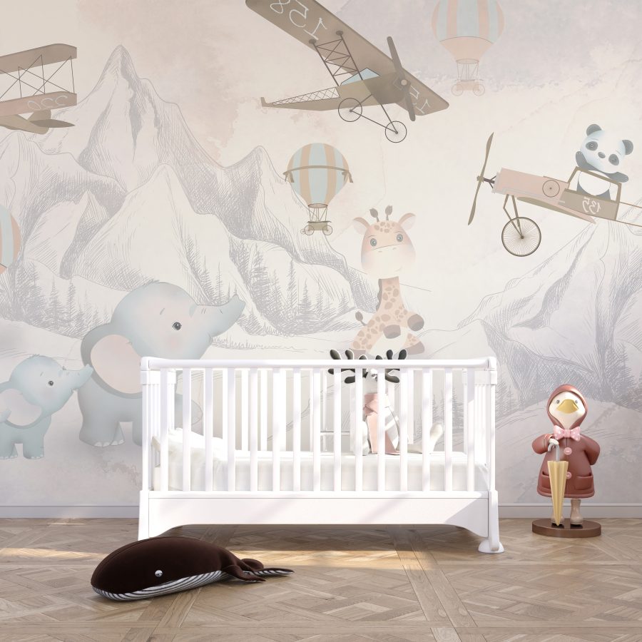 3D-Wandbild für Kinder mit Tieren Berge und Flugzeuge Elefanten und Flugzeuge - Hauptproduktbild