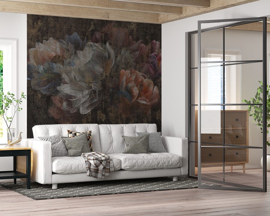 Wandbild in gedeckten Farben mit Blumenstrauß mit sichtbarer Textur Stoff in Pfingstrosen - Hauptproduktbild