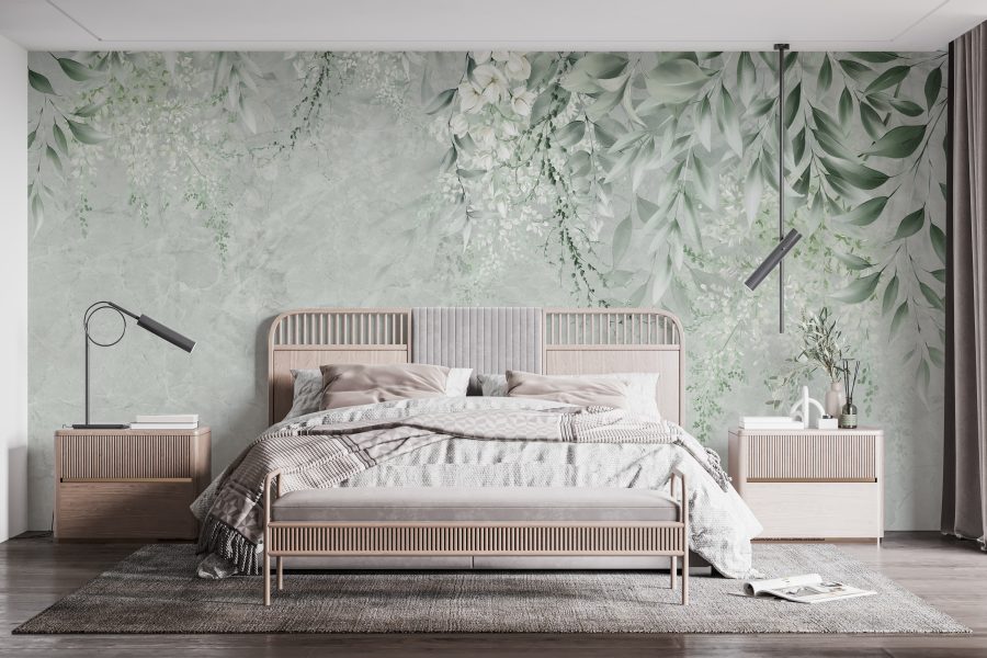 Fototapete mit zartem Blumenmotiv ideal für das Schlafzimmer Green Leaves - Hauptproduktbild