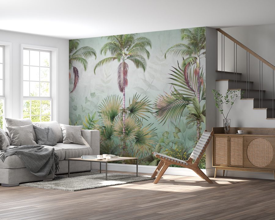 Tropischer Dschungel Wandbild in sanften Farbtönen Grüne Palmen - Hauptproduktbild