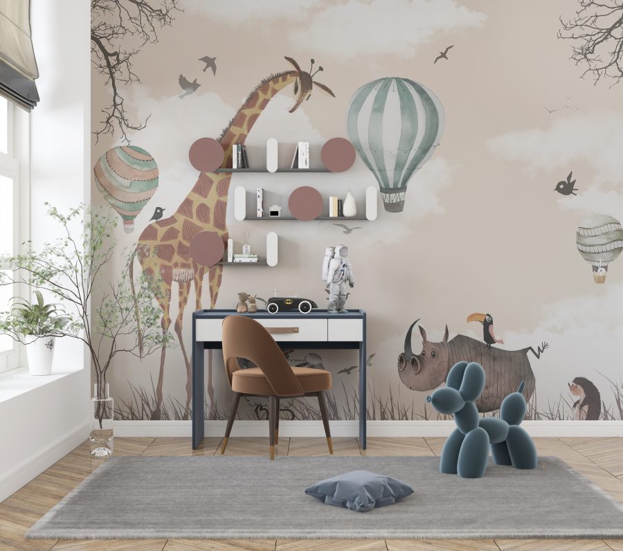 3D Fototapete für Kinder Giraffe und Luftballons - Hauptproduktbild