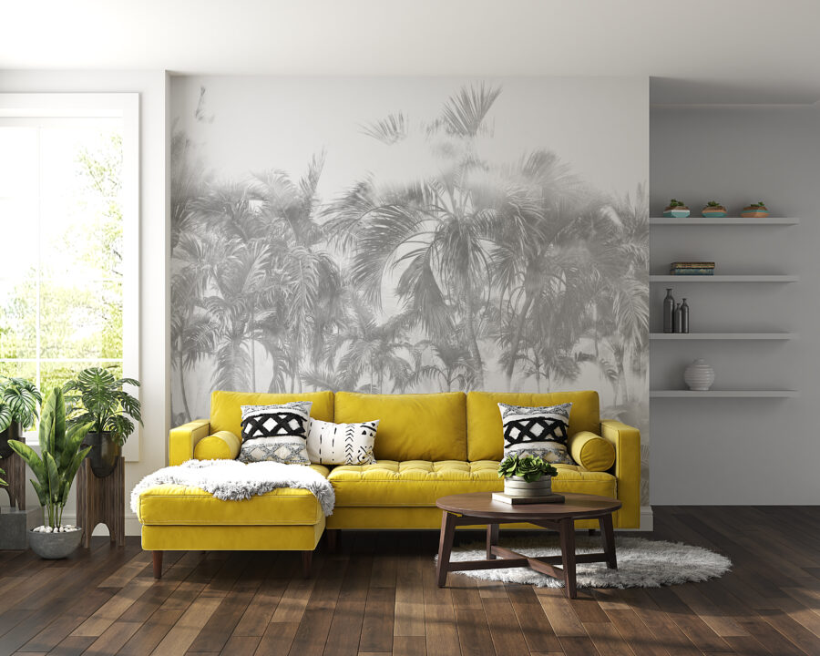 Fototapete in zwei gedeckten Tönen mit einem tropischen Dschungelmotiv aus Palmen in Weiß - Hauptproduktbild