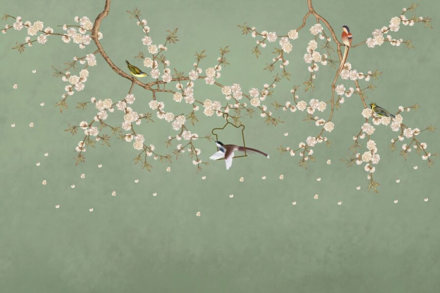 Fototapete in eleganten Grüntönen mit asiatischem Motiv Vögel in Kirschblüten - Bild Nummer 2