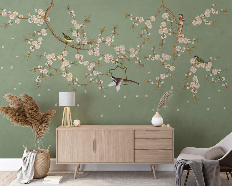 Fototapete in eleganten Grüntönen mit asiatischem Motiv Vögel in Kirschblüten - Hauptproduktbild