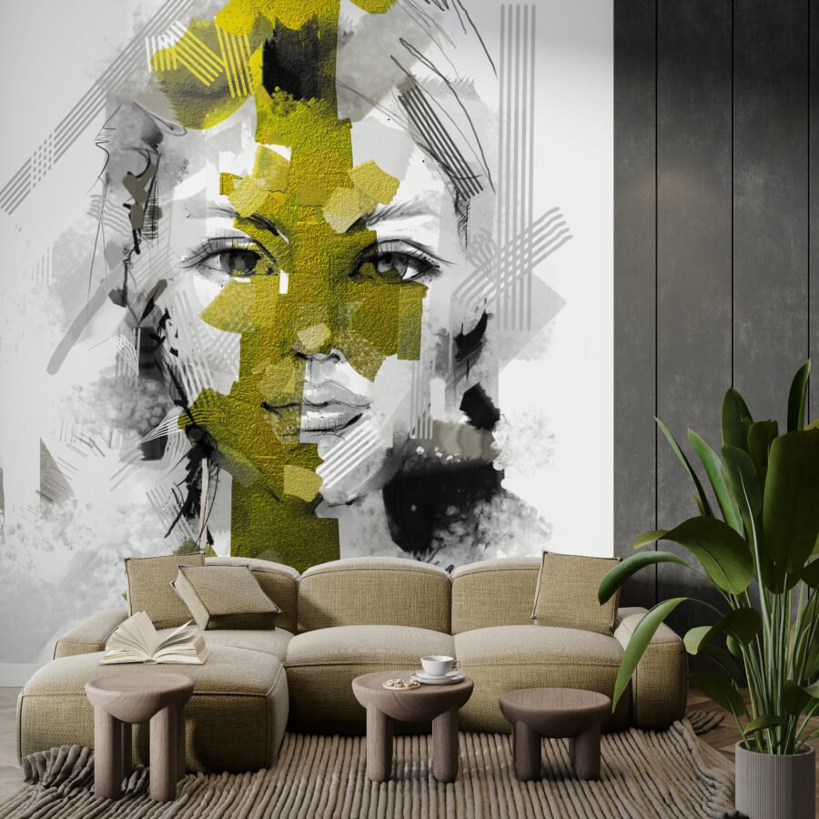 Fototapete mit dem Gesicht einer Frau in Grau- und Grüntönen in einem modernen Stil Gesicht in Grün - Hauptproduktbild