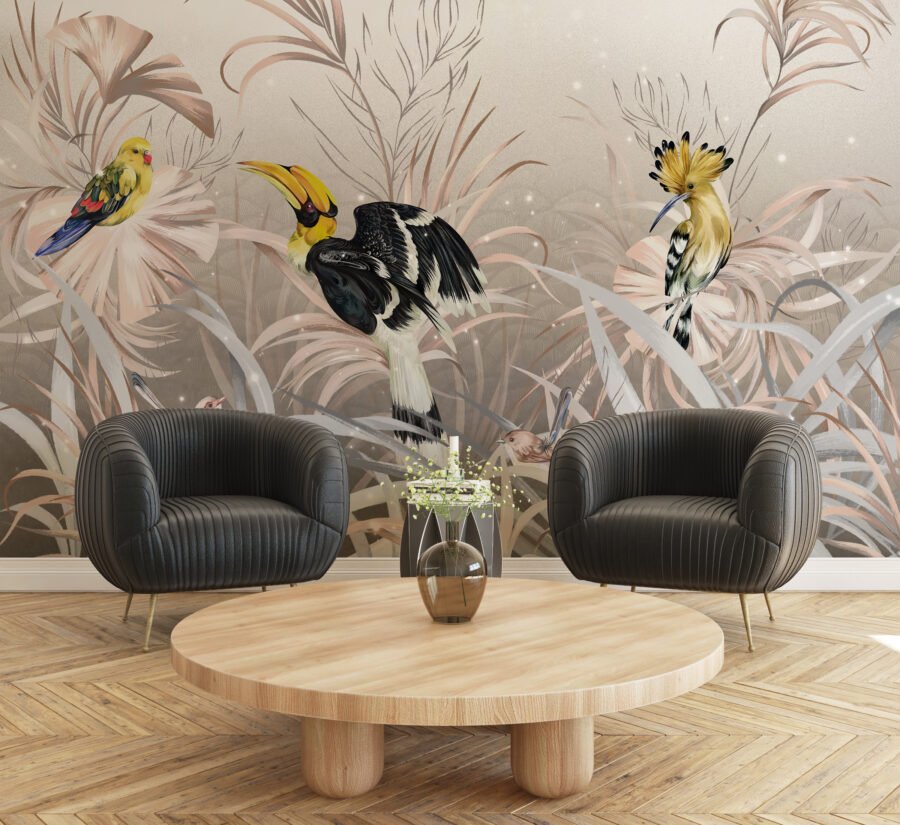 Fototapete 3D mit exotischem Motiv Gelbe Vögel - Hauptproduktbild