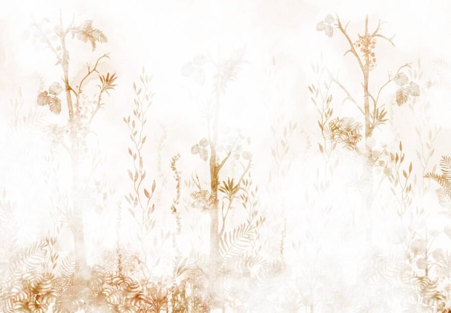 Wandmalerei eines in dichten Nebel gehüllten Herbstwaldes Braun und Weiß - Bild Nummer 2