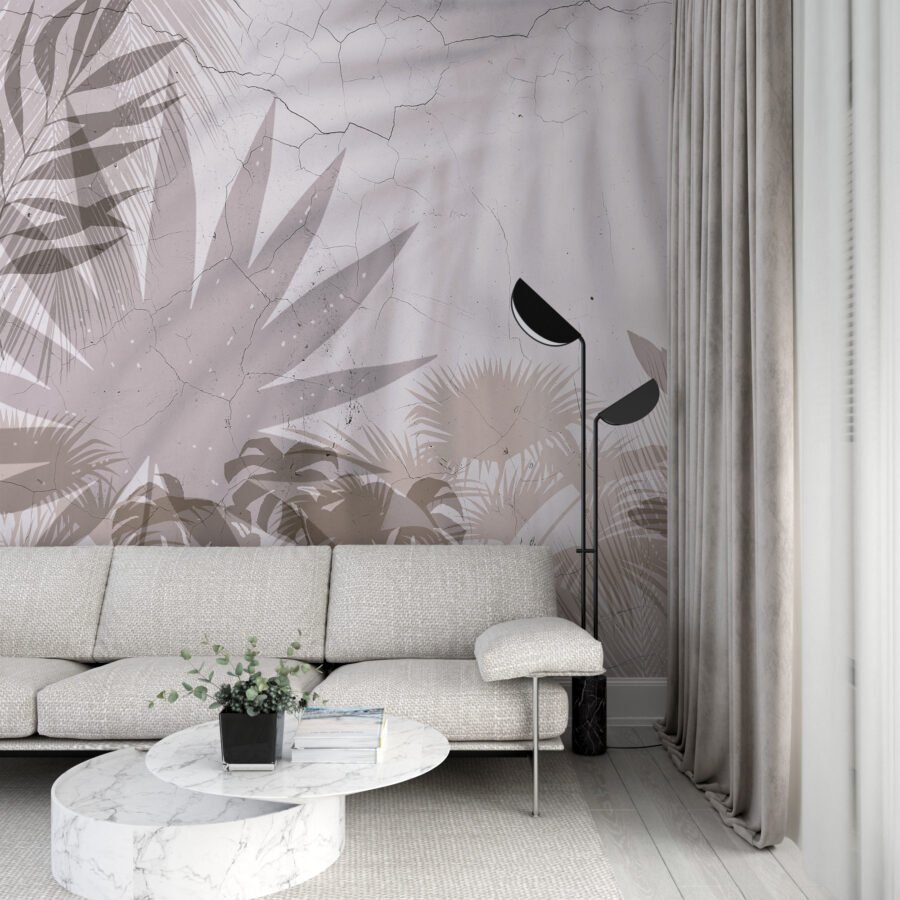 Fototapete mit tropischen Blättern auf einer rissigen Wand, in hellen Tönen Shadow On The Wall - Hauptproduktbild