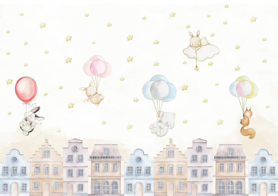 Kinderzimmer Fototapete in gedeckten Farben mit fröhlichen Tieren, die durch die Luft fliegen Regen aus Luftballons - Produktbild Nummer 2